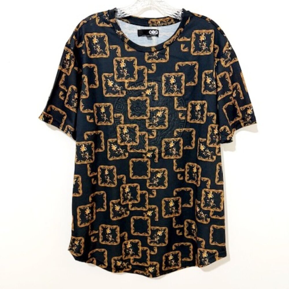GBG Los Angeles T-Shirt Black & Gold Floral w/ Raised Embossed Medallion Size XL